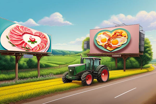 Illustration: Traktor, Landschaft, Werbetafeln für Agrarprodukte