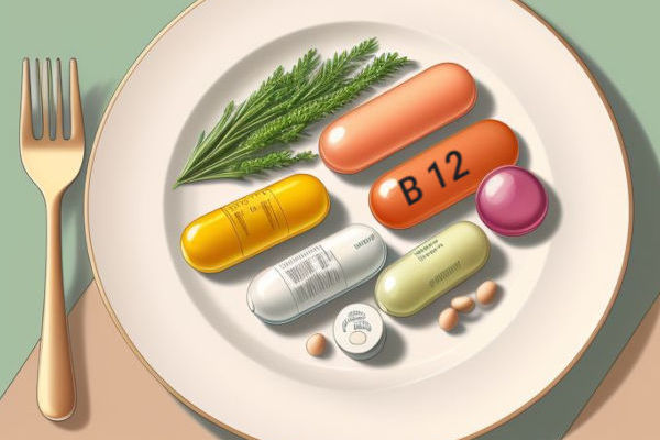 Illustration: Teller mit Tabletten, Suplement Vitamin B12, mit Hilfe von KI erzeugt