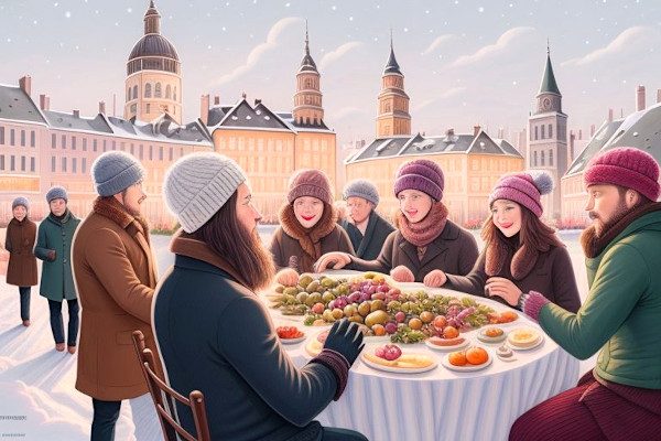 Illustration Veganuary, Menschen sitzen im Winter draußen und essen Früchte und Gemüse, mithilfe von KI erzeugt